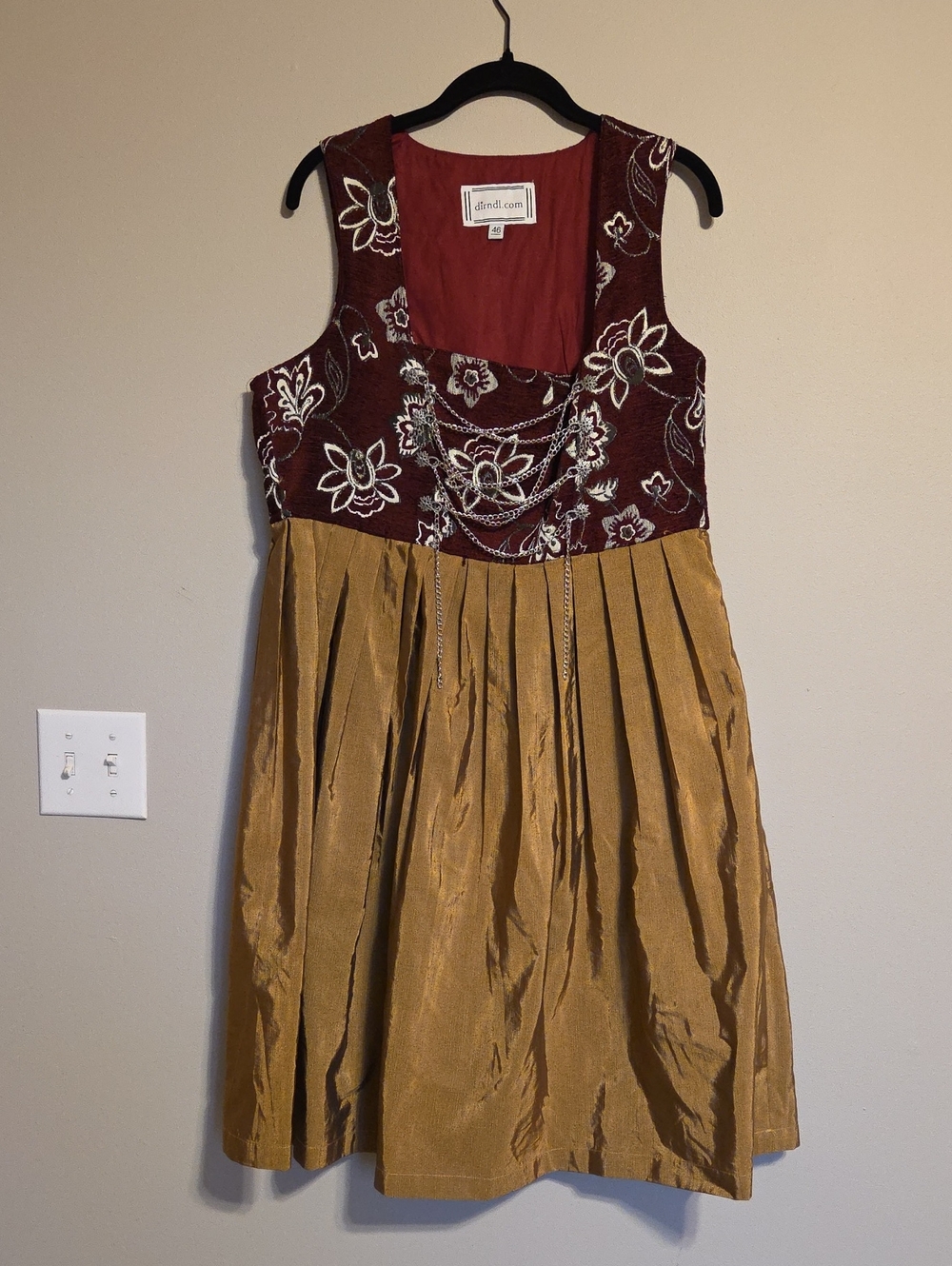DIRNDL.COM Authentic Burgundy Floral Bodice & Gold Pleated Dress
